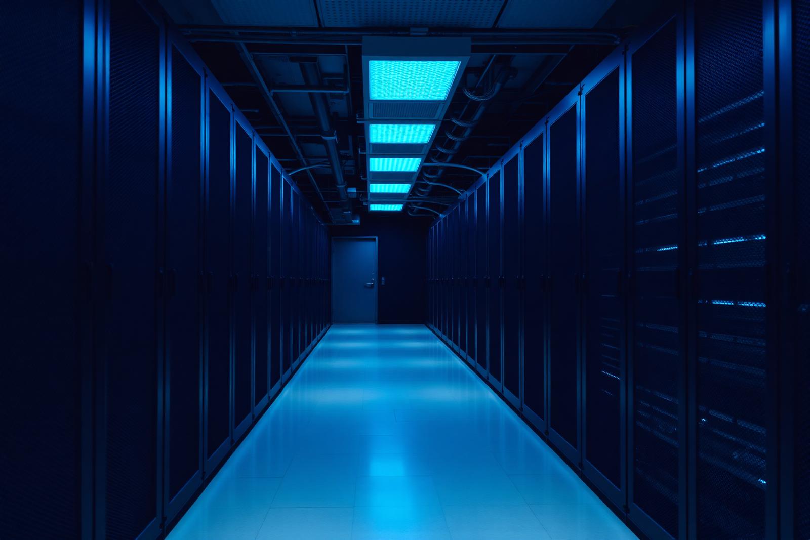 Server racks in a data centre corridor with blue indicator lighting