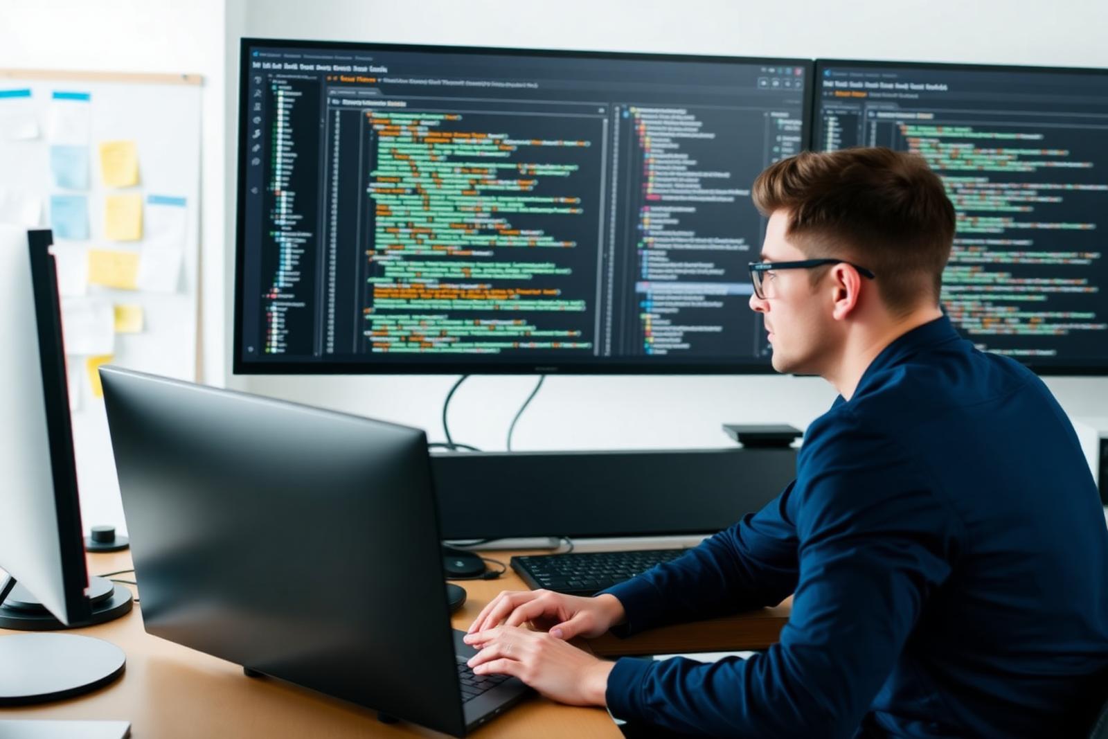 Developer reviewing source code on a wide monitor beside a planning board