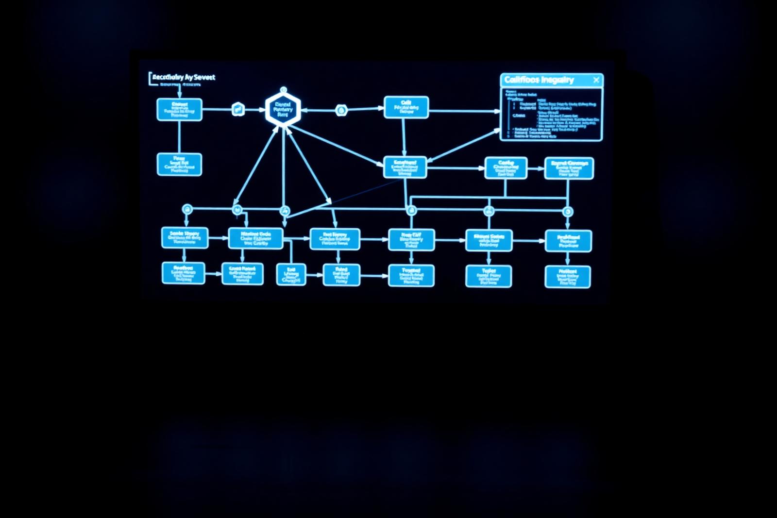 Integration workflow diagram displayed on a large screen showing connected system nodes