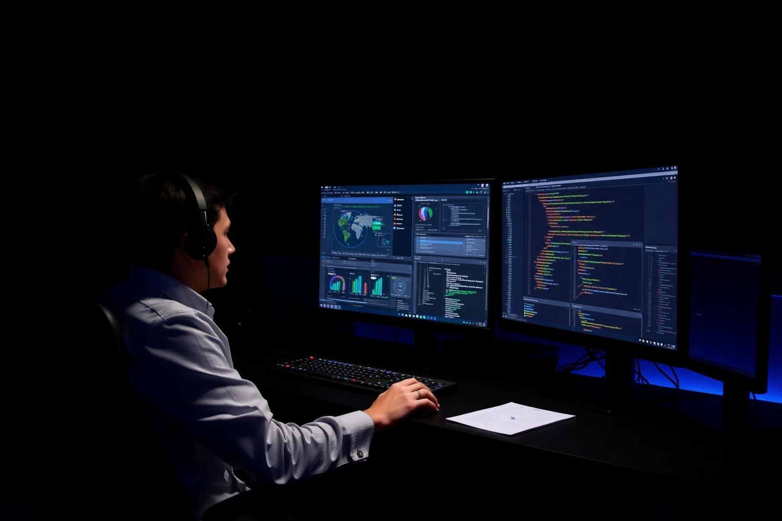 Engineer reviewing automated test results and monitoring dashboards on two screens